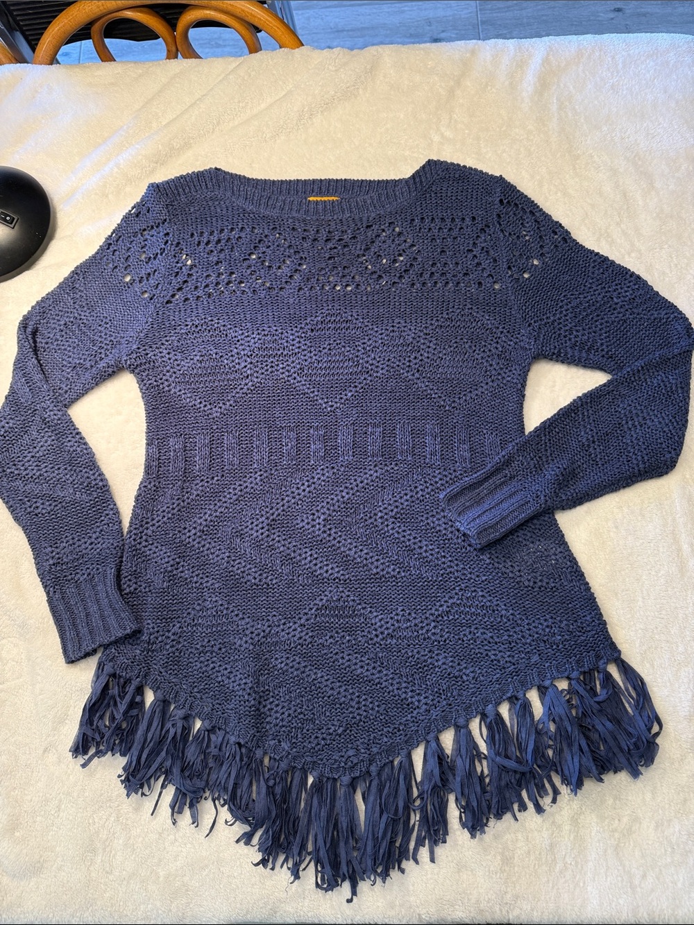 Ruby Rd. Navy Open-Stitch Fringe Hem Boat neck Sweater
